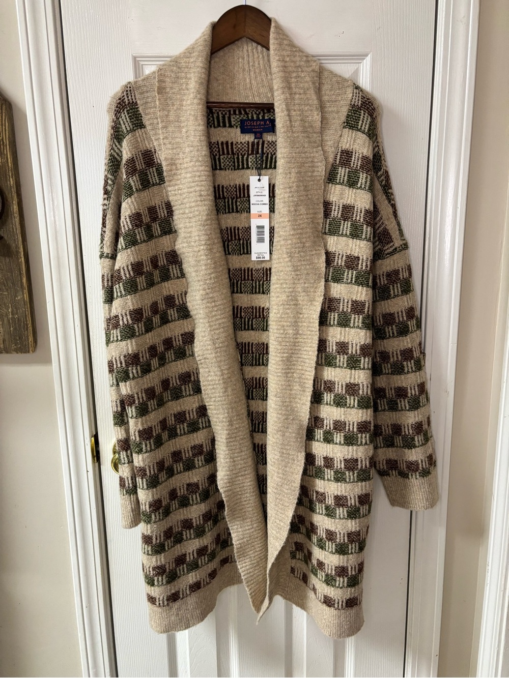 Joseph A Beige Shawl Cardigan with Green and Brown Checked Stripes
